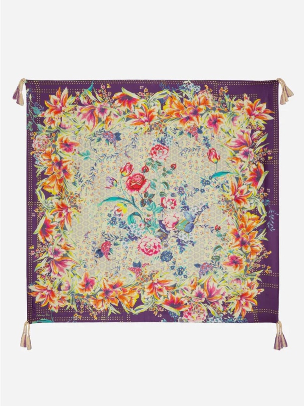 Johnny Was Topiary 100% Silk Scarf Floral Square Large Flower Pink Purple Tassel